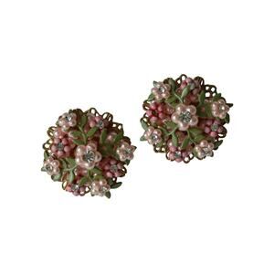1950s Gold Plate Pink Green Enamel White Rhinestone Floral Cluster Clip Earrings
